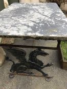 Wrought Iron framed Garden table depicting Welsh Dragons with a very heavy slate top