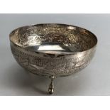 Silver Bowl marked 830 on three feet with embossed band of grapes & vines (approx 115.4g & Diam 10.