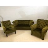 Victorian Three piece suite comprising drop end two seater sofa and two armchairs in in Green