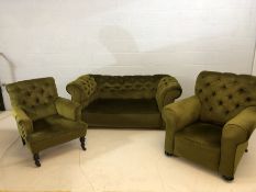 Victorian Three piece suite comprising drop end two seater sofa and two armchairs in in Green