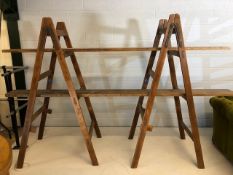 Pair of large vintage folding wooden decorators ladders used as display shelves by Stephens and