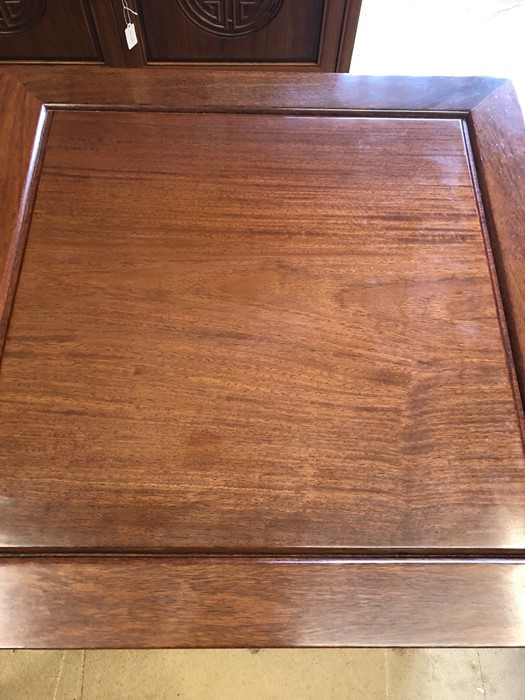 Pair of Imported Chinese rosewood side tables with carved detailing, drawer and shelf under, - Image 3 of 7