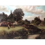 Large English school oil on canvas painting of a countryside scene. Indistinct signature to lower