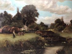 Large English school oil on canvas painting of a countryside scene. Indistinct signature to lower