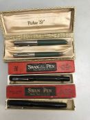 Pens to include set of Parker "51" Fountain pen & pencil with two SWAN Pens by Mabie Todd & Co