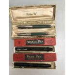 Pens to include set of Parker "51" Fountain pen & pencil with two SWAN Pens by Mabie Todd & Co