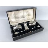 Silver hallmarked Cruet set in original presentation box including salts, pepper and spoons