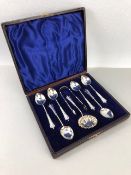 Hallmarked Silver Apostle spoons with Silver sugar sifter and tongs in purple velvet presentation