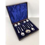 Hallmarked Silver Apostle spoons with Silver sugar sifter and tongs in purple velvet presentation