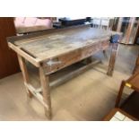 Large wooden workbench with vice, approx 150cm x 71cm x 86cm tall