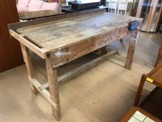 Large wooden workbench with vice, approx 150cm x 71cm x 86cm tall