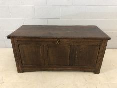 18th Century three panel oak coffer, approx 120cm x 49cm x 57cm tall