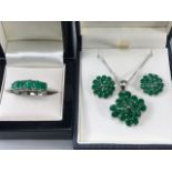 Silver Emerald Pendant Earrings and Ring set size 'Q'