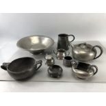 Collection of Tudric Pewter all stamped to include teapot pedestal bowl, tankard etc