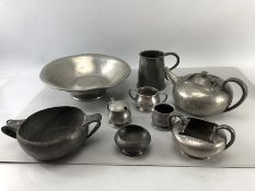 Collection of Tudric Pewter all stamped to include teapot pedestal bowl, tankard etc