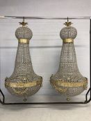 Pair of extra large ballroom style chandeliers with gilt frames and glass drops, approx height