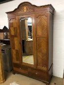 Edwardian wardrobe with inlaid detailing, central mirror and draw to base, approx 221cm tall (at