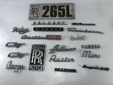 Collection of Car badges and emblems to include Rolls Royce, Hillman, Austin, Sunbeam etc