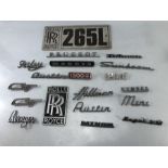 Collection of Car badges and emblems to include Rolls Royce, Hillman, Austin, Sunbeam etc