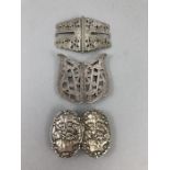 Three antique silver plated nurses buckles