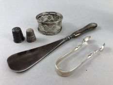 Collection of various Hallmarked silver items to include sugar nips, thimbles, napkin ring etc