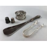 Collection of various Hallmarked silver items to include sugar nips, thimbles, napkin ring etc