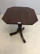 Mahogany occasional table on turned pedestal base with three castors