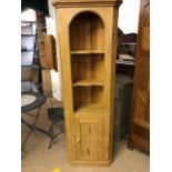 Pine corner unit with cupboard under and shelves over, approx 180cm tall