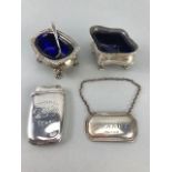 Hallmarked silver items to include salts, Brandy label and a Vesta case