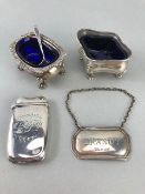 Hallmarked silver items to include salts, Brandy label and a Vesta case