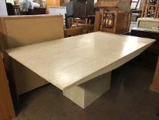 Contemporary marble dining table with shaped top and square pedestal base, approx 170cm x 100cm x