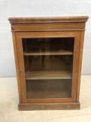 Glass fronted display unit / book shelf in a distressed wood finish, approx 80cm x 35cm x 111cm