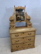 Antique pine dressing table with three drawers under and adjustable mirror with two small drawers