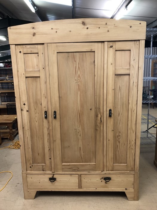 Large pine wardrobe with hanging and shelving space and two drawers to base, approx 140cm wide x - Image 2 of 8