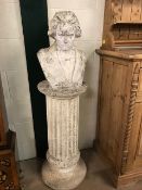 Tall garden statue of a bust of a man on a pedestal base, approx 126cm tall