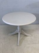 Modern circular white painted kitchen table, approx 90cm in diameter