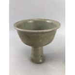 Chinese Celadon Stem Cup. Approx 11cm tall x 11cm in diameter