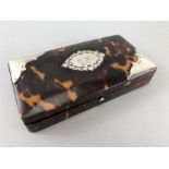 Tortoise shell box with green velvet lining and Hallmarked silver cartouche and hallmarked silver