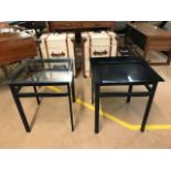 Pair of modern occasional tables, one with clear glass top, one with black, approx 50cm x 50cm x