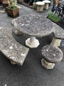 Garden Furniture to include cast circular table with two similar stools and two benches