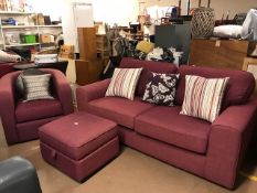 Modern facric two seater sofa and footstool with coordinating cushions, along with a matching single