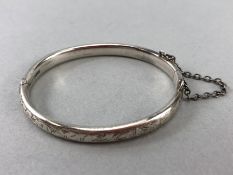 Childs Silver hallmarked engraved Baptismal bangle with safety chain hallmarked Chester by maker