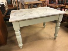 Small pine vintage kitchen table with painted legs, approx 109cm x 80cm x 72cm tall