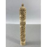 Large 19th Century carved ivory needle holder and contents, approx 15.5 cm in length