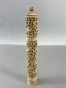 Large 19th Century carved ivory needle holder and contents, approx 15.5 cm in length