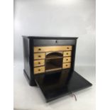 Ebonised drop front writing box with two hidden drawers Approx 44cm x 29cm x 35cm tall