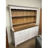 Large white painted pine kitchen dresser with three cupboards and drawers under, approx 186cm tall x