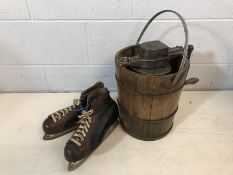 Vintage style interiors items to include a pair of ice skates by CCM and a Swedish ice cream maker