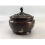 Bronze censer with pierced lid and gold splash design, impressed mark to base, approx 10cm in