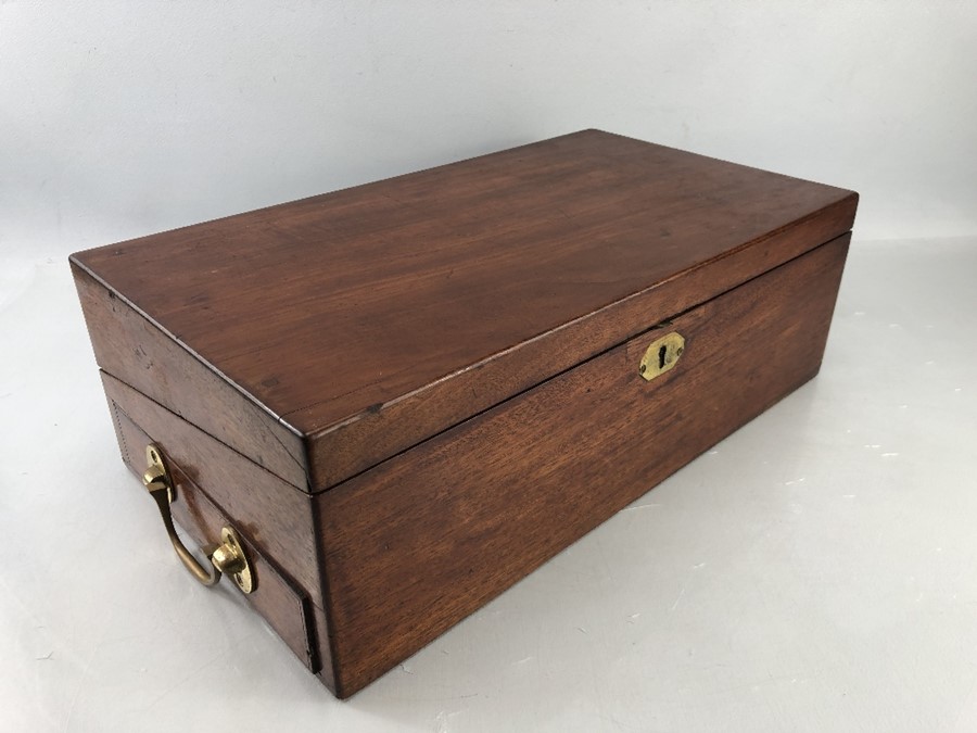 Large mahogany writing slope with brass fittings and glass inkwell, approx dimensions when closed: - Image 10 of 14